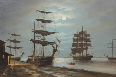 Lot 363 - F Robinson, Ships by a wharf