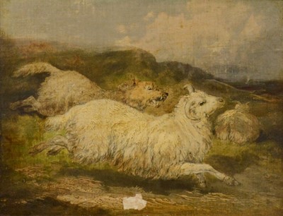 Lot 323 - After Sir Edwin Landseer, Dog with Rams on moorland