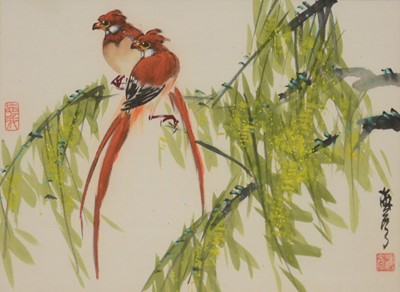 Lot 357 - Pair of Oriental silk embroideries and three other pictures