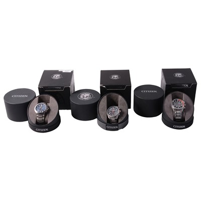 Lot 408 - Citizen - three gentlemen's Eco-Drive Chronograph stainless steel / titanium solar bracelet wristwatches.