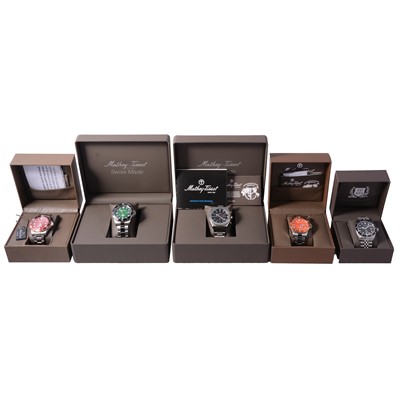 Lot 411 - Mathey-Tissot - five gentlemen's stainless steel quartz bracelet wristwatches.