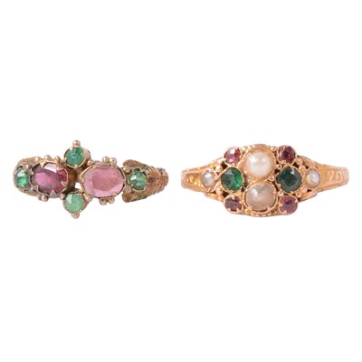 Lot 127 - Two antique dress rings set with pink and green stones.