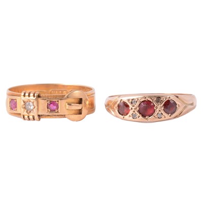 Lot 46 - Two antique gold rings set with red stones.