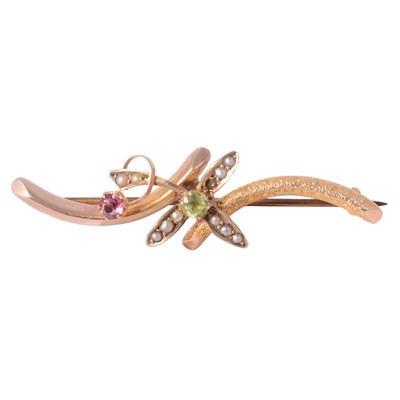 Lot 223 - A 9 carat yellow gold bar brooch in suffragette colours.