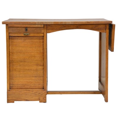 Lot 422 - Small oak desk wth drop-leaf and tambour cupboard