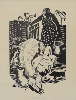 Lot 131 - Barbara Vincent (20th century), Feeding the Pigs