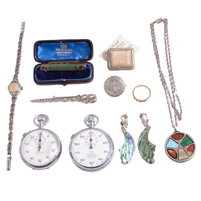 Lot 452 - Costume jewellery brooches, pendant, ring, earclips, wristwatch, and stopwatches.