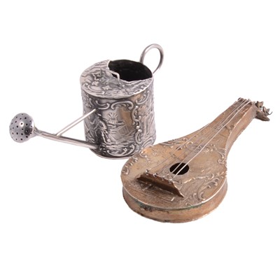 Lot 125 - Dutch(?) silver miniature watering can and a gilt white metal miniature guitar