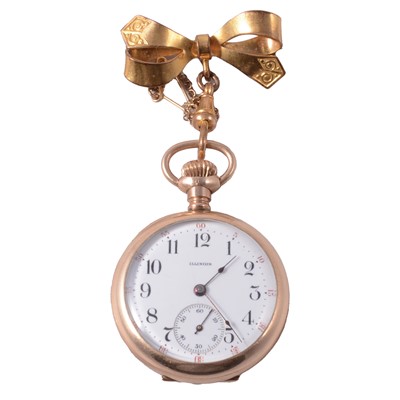 Lot 377 - Illinois Watch Co - a gold-plated fob watch on a bow brooch.