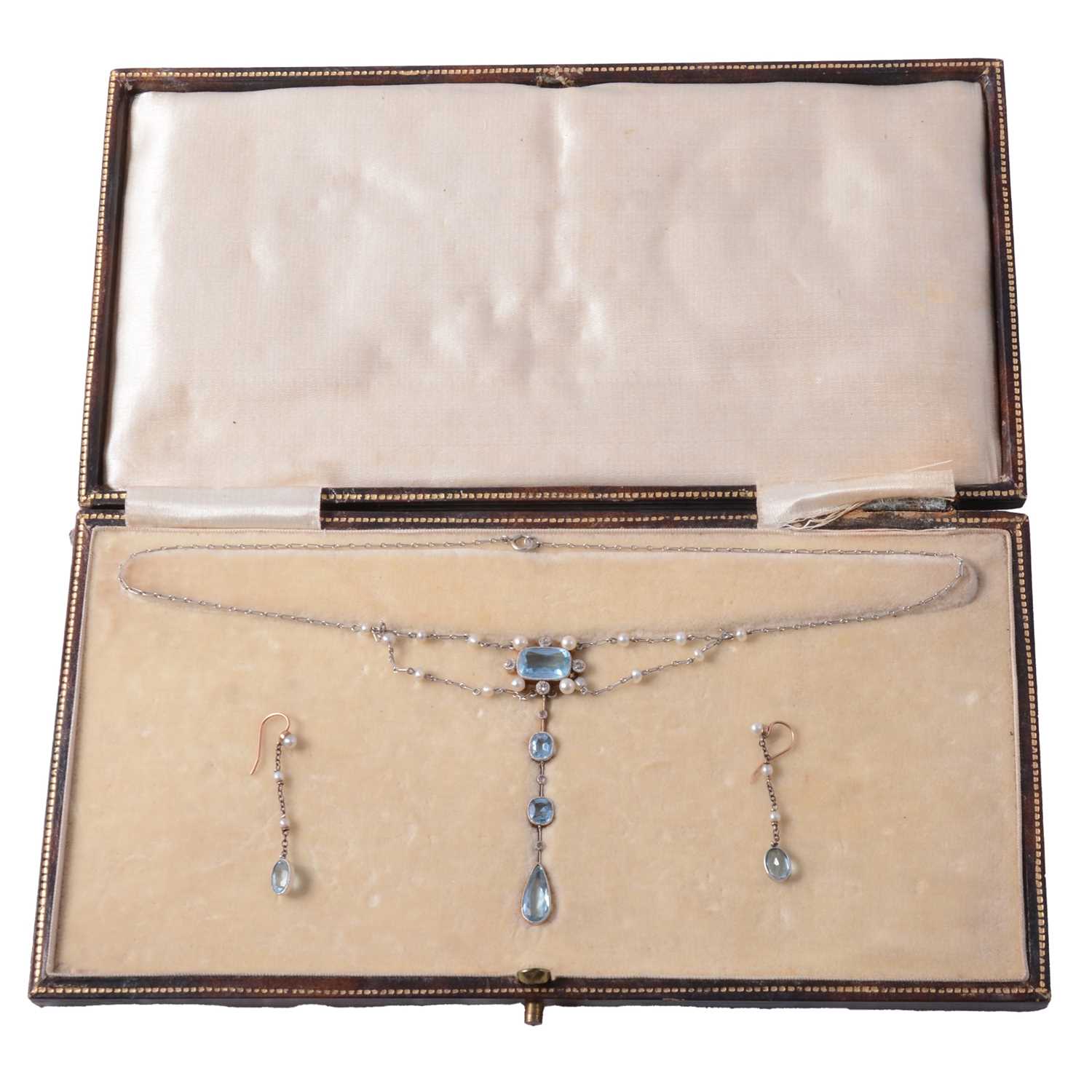 Lot 263 - An aquamarine, diamond and seed pearl necklace, and a pair of aquamarine and seed pearl earrings.