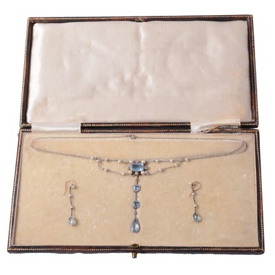 Lot 263 - An aquamarine, diamond and seed pearl necklace, and a pair of aquamarine and seed pearl earrings.