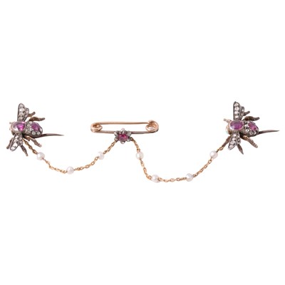 Lot 194 - A Victorian pink spinel, diamond and opal winged insects negligée brooch, and other insect jewellery.