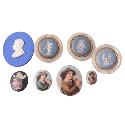Lot 460 - Four small hand-painted porcelain plaques, jasperware style buttons, and similar plaque.