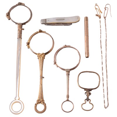 Lot 483 - Three pairs of folding lorgnette spectacles, eyepiece, chain, propelling pencil, and penknife.