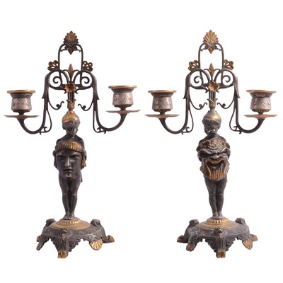 Lot 64 - Pair of French Greco Revival figural two-light candelabra