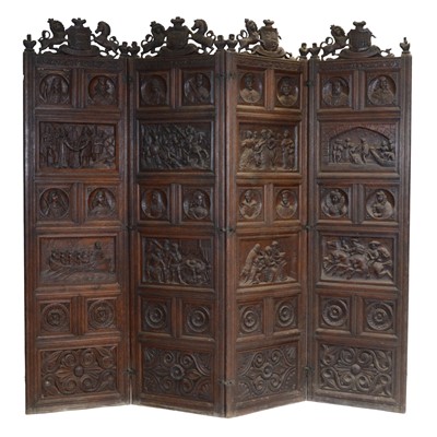 Lot 238 - Victorian carved oak four-fold screen, The Rulers of England
