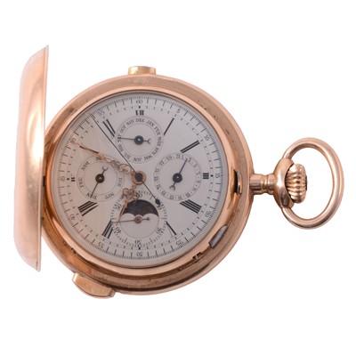 Lot 371 - A yellow metal full hunter push button quarter-repeating pocket watch.