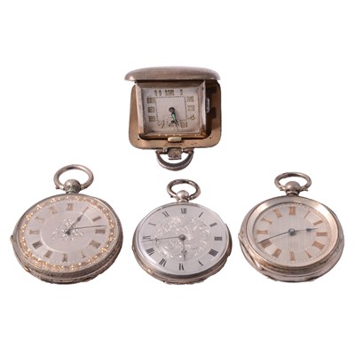Lot 385 - Three white metal fob watches, and a small silver travel clock.