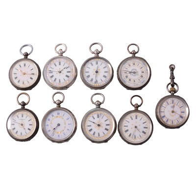 Lot 392 - Nine silver and white metal fob watches with coloured highlights to dials.