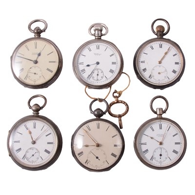 Lot 387 - Six silver / white metal open face pocket watches.