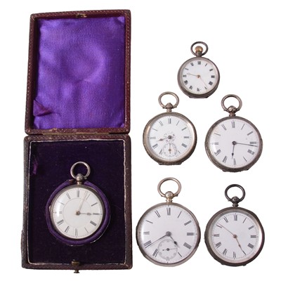 Lot 388 - Six silver / white metal pocket and fob watches.