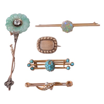 Lot 222 - Three gemset bar brooches, In Memoriam brooch, and jabot pin.
