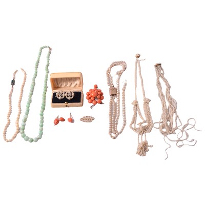 Lot 324 - Seed pearl, cultured pearl and coral jewellery, and a jadeite bead necklace.