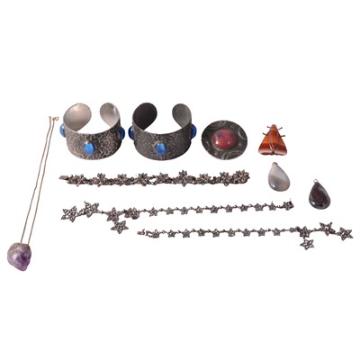 Lot 497 - Cut steel bracelet, necklace, hammered metal cuff bangles, ceramic brooch, gemstone jewellery.
