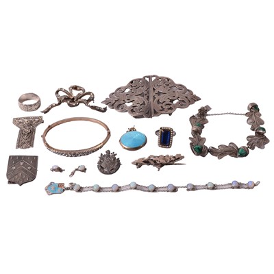 Lot 486 - Paste set half hinged bangle, silver nurse's buckle, other silver and white metal jewellery.