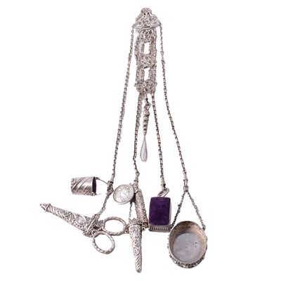 Lot 477 - A Victorian silver chatelaine with attachments.