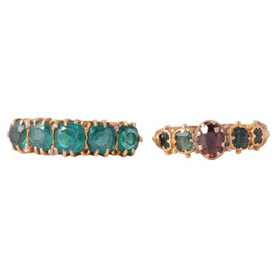 Lot 27 - Two gemset rings, green stone and diamond, green and pink gemstones.