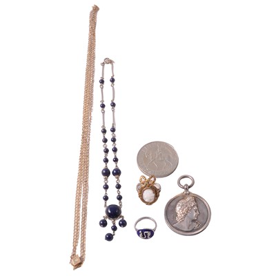 Lot 495 - A Victorian Royal Academy of Music medal, Silver Jubilee crown, rings, chains, and necklace.
