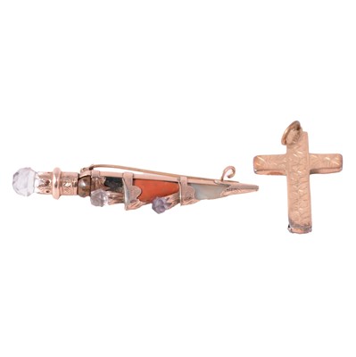 Lot 309 - An Edwardian gemset gold dirk brooch, and a yellow metal cross pendant.