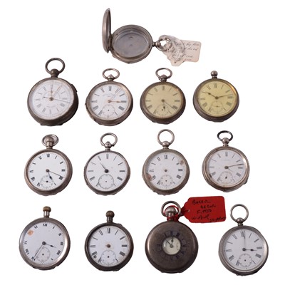 Lot 393 - Twelve silver, white metal and metal pocket watches, and a silver pocket watch case.