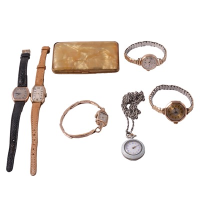 Lot 445 - Four ladies' vintage 9 carat gold wristwatches, gilt wristwatch, card case, and fob watch.