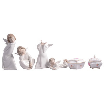 Lot 45 - Two Royal Crown Derby boxes and covers, and seven Lladro cherub figurines