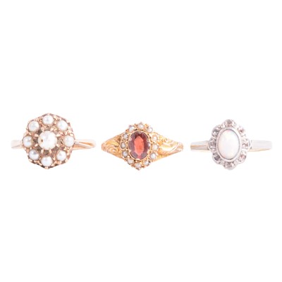 Lot 138A - Three gemset rings, opal and diamond, garnet and seed pearl, pearl.