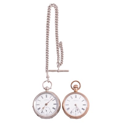 Lot 378 - A silver open face pocket watch and chain, and gold-plated open face pocket watch.