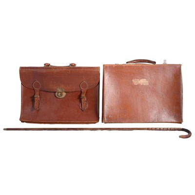 Lot 111 - Two vintage leather briefcases, and a bamboo walking stick