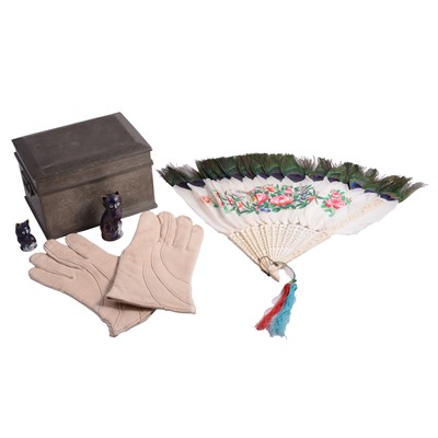 Lot 118 - Chinese fan, kid gloves, tea caddy, etc