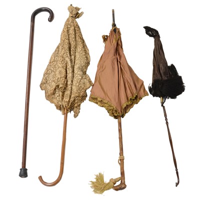 Lot 108 - Snake wood walking stick and two Victorian parasols.