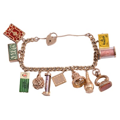 Lot 286 - A 9 carat gold charm bracelet with eleven charms attached.