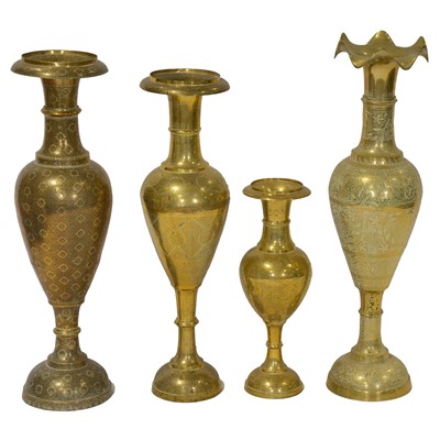 Lot 390 - Three Indian brass floor vases, and a Damascus ware floor vase