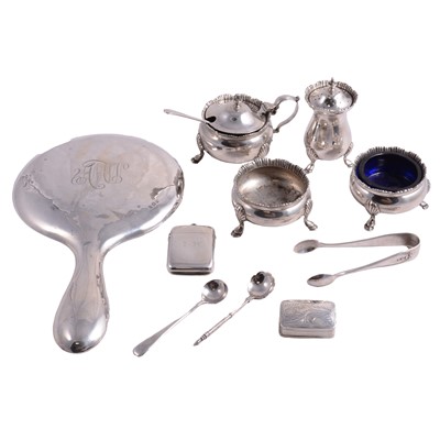 Lot 171 - Silver four-piece condiments set with two spoons, Stokes & Ireland Ltd, Chester 1937, and other items.