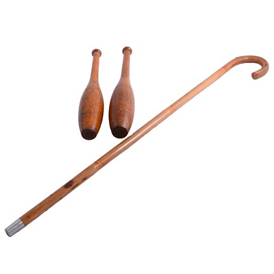 Lot 112 - Pair of turned wood juggling clubs, and horse measuring stick.