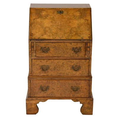 Lot 97 - Georgian style burr walnut bureau, early 20th century, small proportions