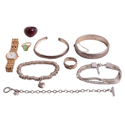 Lot 493 - Yellow metal, white metal. silver, and costume jewellery, and a wristwatch.