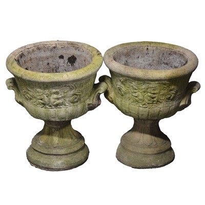 Lot 444 - Pair of cast reconstituted stone pedestal garden urns