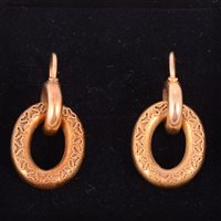 Lot 184 - A pair of yellow metal drop earring, hollow...