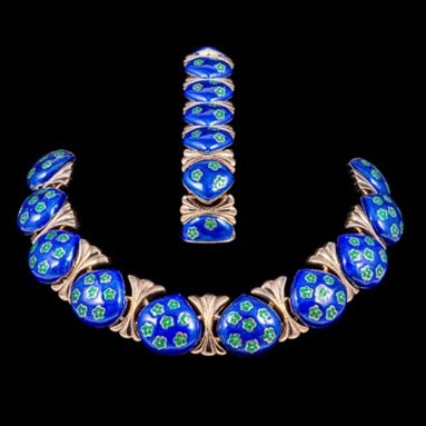 Lot 525 - A blue and green enamel panel necklace, bracelet, and matching drop earclips.